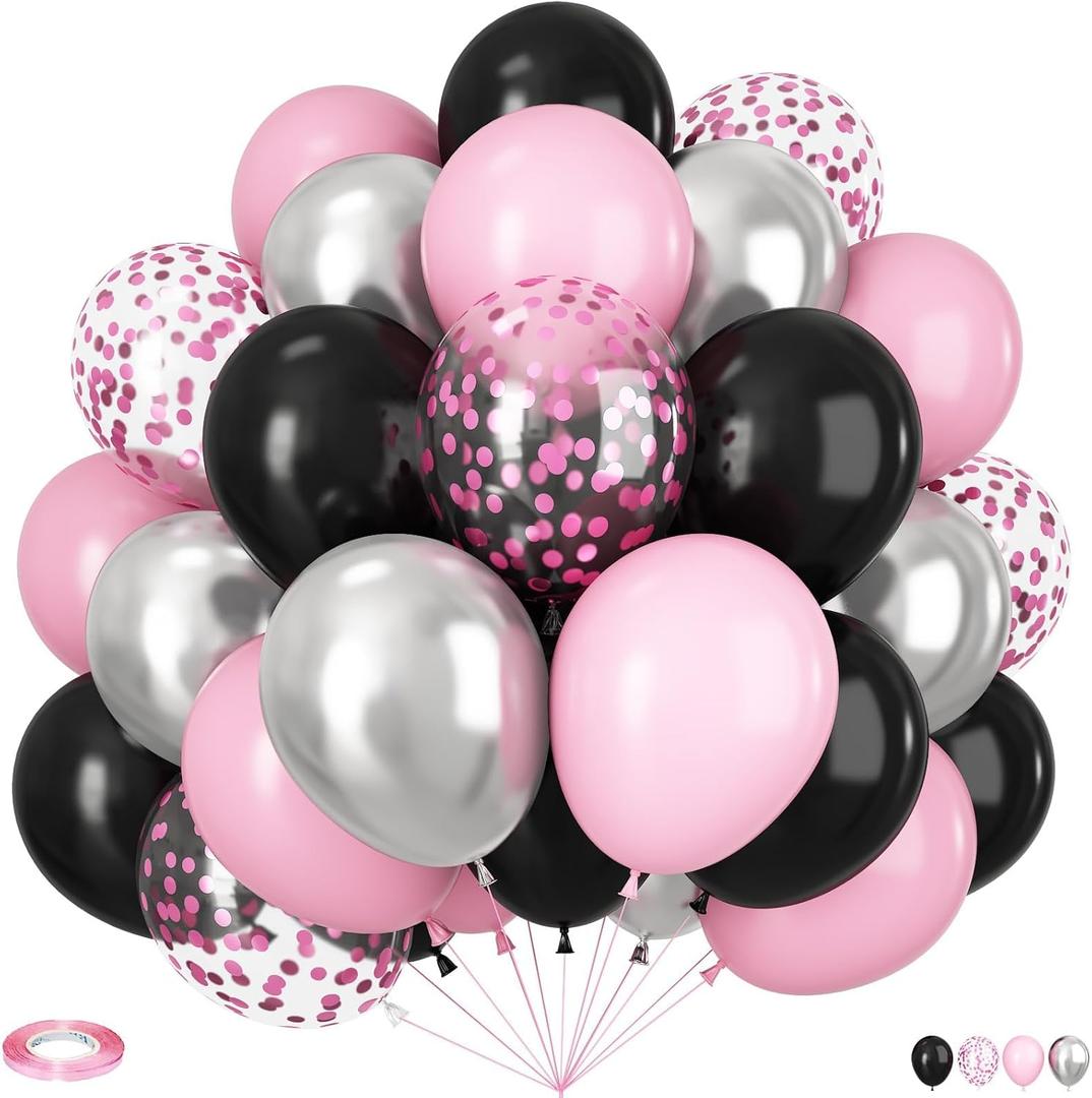 Black and Pink Balloons, 60pcs 12Inch Black and Pink Silver Balloons,Metal Silver and Confetti Balloon for Graduation Birthday Baby Shower Anniversary Wedding Bridal Shower Party Decoration