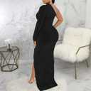Women's Formal Evening Gowns Elegant Sparkly One Shoulder Maxi Dresses Sexy Long Sleeve High Split Party Long Dress (Black, M)