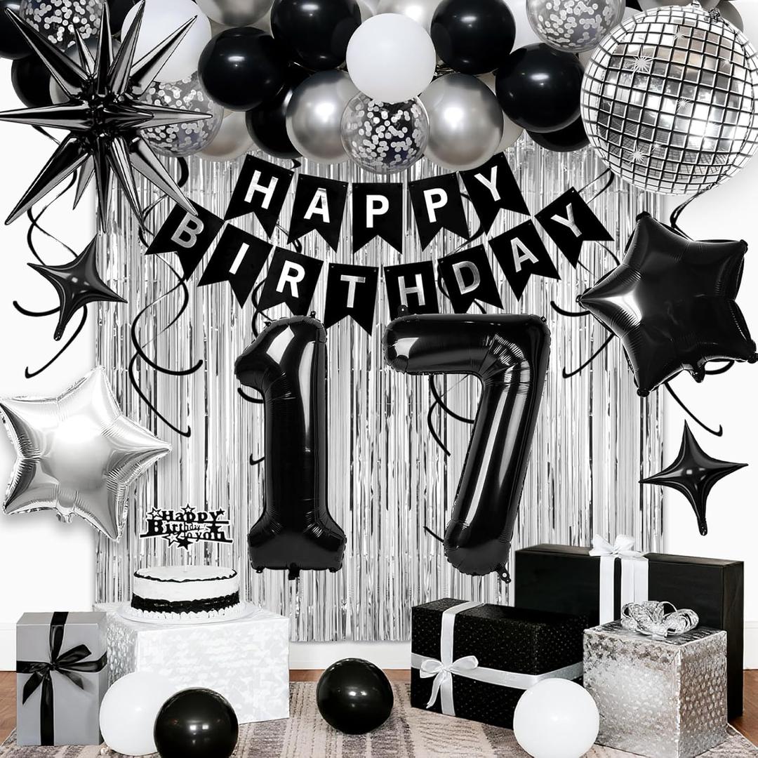 17th Birthday Decorations for Boys Girls, Black Silver Happy Birthday Party Decorations 17 Year Old Party Supplies with Number 17 Balloons, Banner, Fringe Curtains Kit