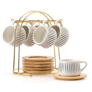 LUKA Ceramic Coffee Espresso Cups with Saucers Set with Metal Holder, 4.4 oz Porcelain Demitasse Cups For Tea, Espresso, Latte, Coffee, Cafe Mocha, Set of 6, White