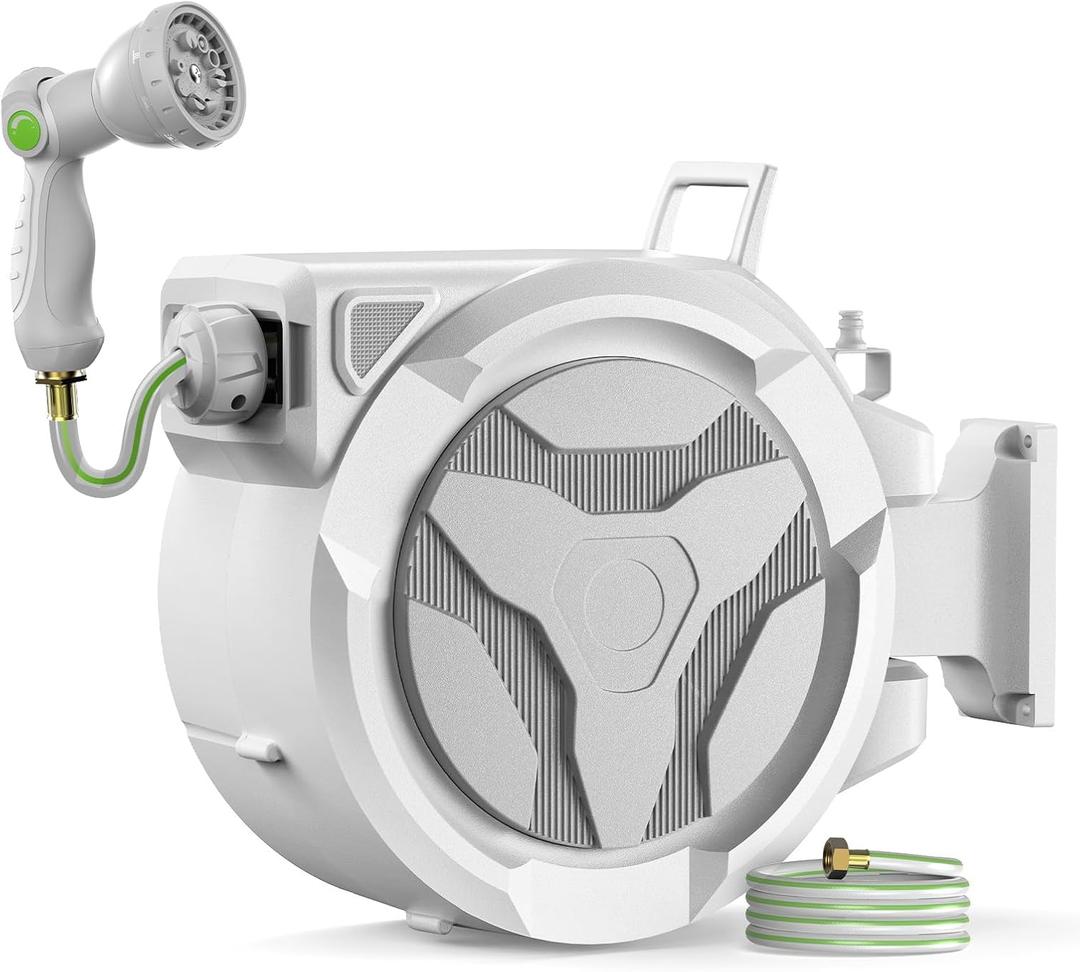 100ft Retractable Garden Hose Reel 1/2" with 10-Function Nozzle | Heavy Duty Water Hose, Slow Rewind & Any-Length Lock, 180° Swivel Wall Mount for Yard, Car Wash & Pet Shower, White