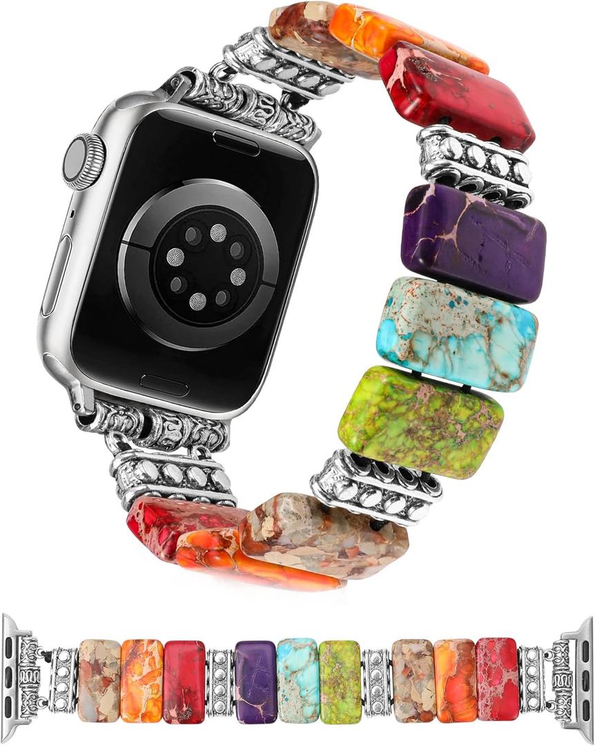 Moolia Natural Stone Bracelet Compatible with Apple Watch Band 41/40/38/42/44/45/46/49mm Women, Handmade Elastic Beaded Western Strap for iWatch Series 11 10 9 8 7 6 5 4 3 2 1 SE & Ultra1/2/3