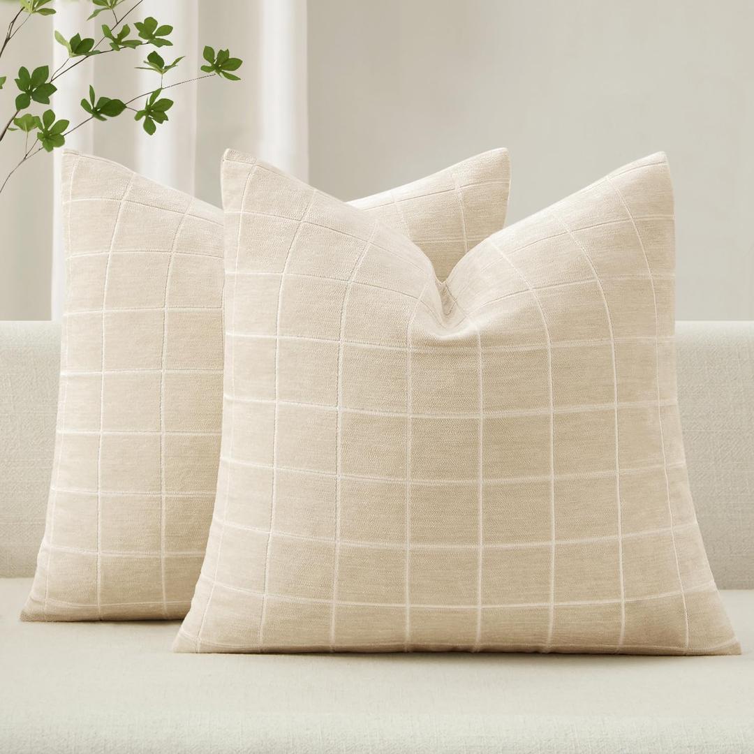 MIULEE Decorative Chenille Check Throw Pillow Covers Vintage Plaid Couch Pillows 18x18 Inch Set of 2 Neutral Boho Farmhouse Cushion Covers Modern Spring Home Decor for Sofa Bed Living Room, Beige