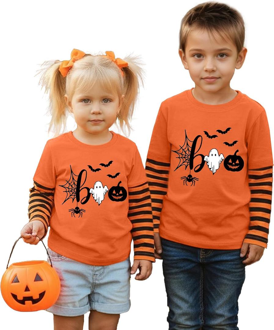 Toddler Halloween Shirts Boys Girls Spooky Pumpkin Skeleton Graphic Sweatshirt Halloween Kids Long Sleeve Tops 2-9 Years (Orange)