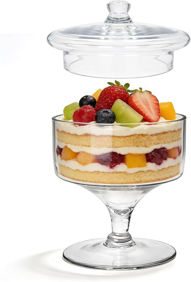 Glass Trifle Bowl with Pedestal and Lid, Trifle Serving Dish, Modern Minimalist Clear Glass Dessert and Cake Stand, with Pedestal for Displaying Pastries, Fruit and Layered Desserts, Ideal for Party