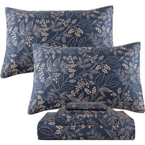 QSH Floral Egyptian Cotton Sheets King Size - Navy Floral Bedding Sheets Botanical Pattern Printed Bedding King Size Bed Sheets 17.5" Extra Deep Pocket 4pcs