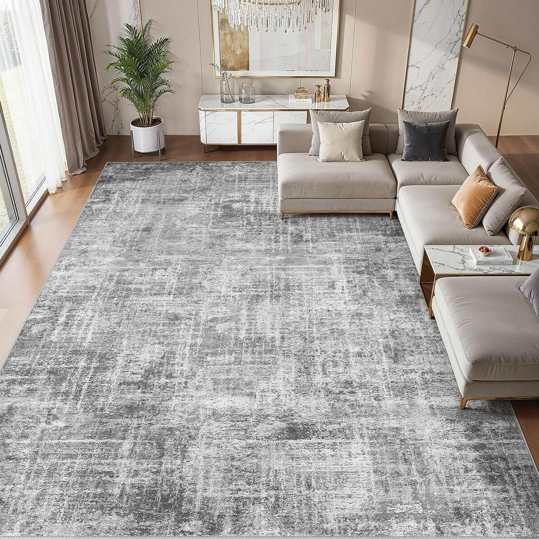 Washable 8x10 Area Rug for Living Room - Modern Abstract Carpet with Non-Slip Backing, Low Pile & Soft, Stain Resistant, Kid & Pet Friendly Decor for Bedroom & Dining Room - Black Grey