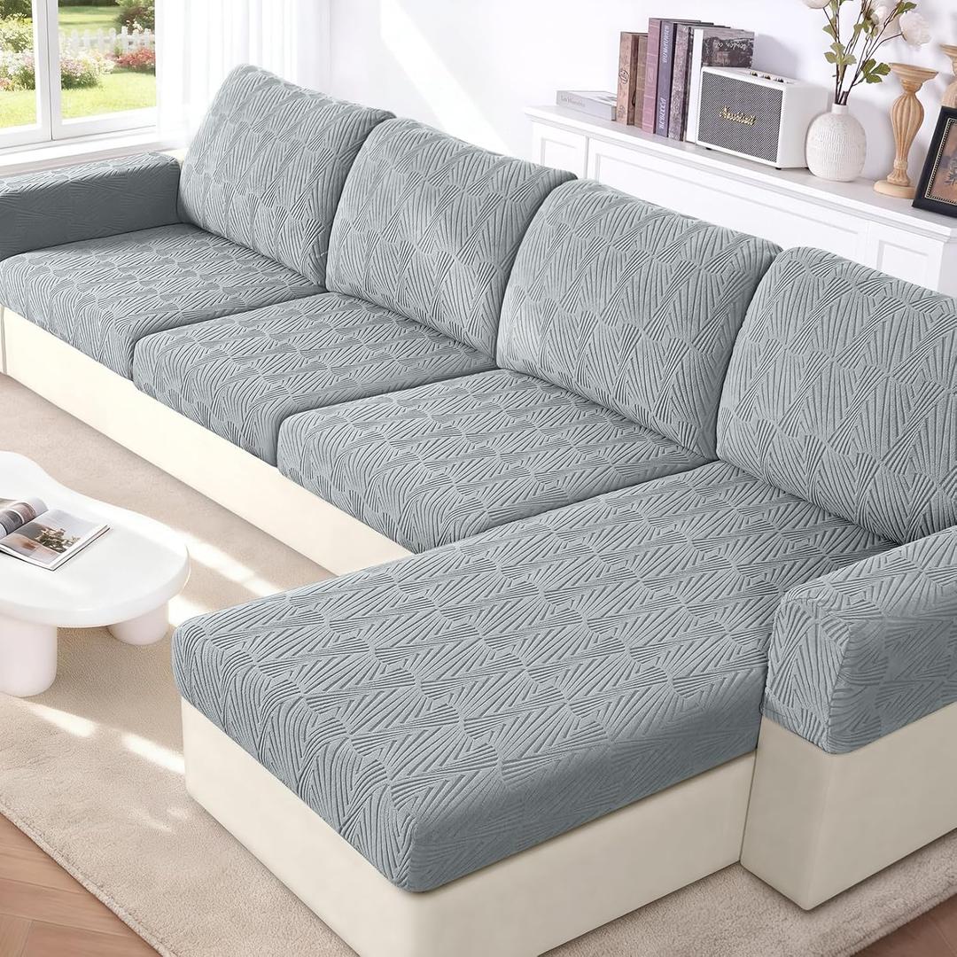 VANSOFY Couch Cushion Covers for Sectional Sofa, Stretch Jacquard Couch Seat Cushion Covers, Individual Washable Furniture Protector Sofa Slipcovers for Pet (2 Seater+1 Chaise Cover, Light Gray)