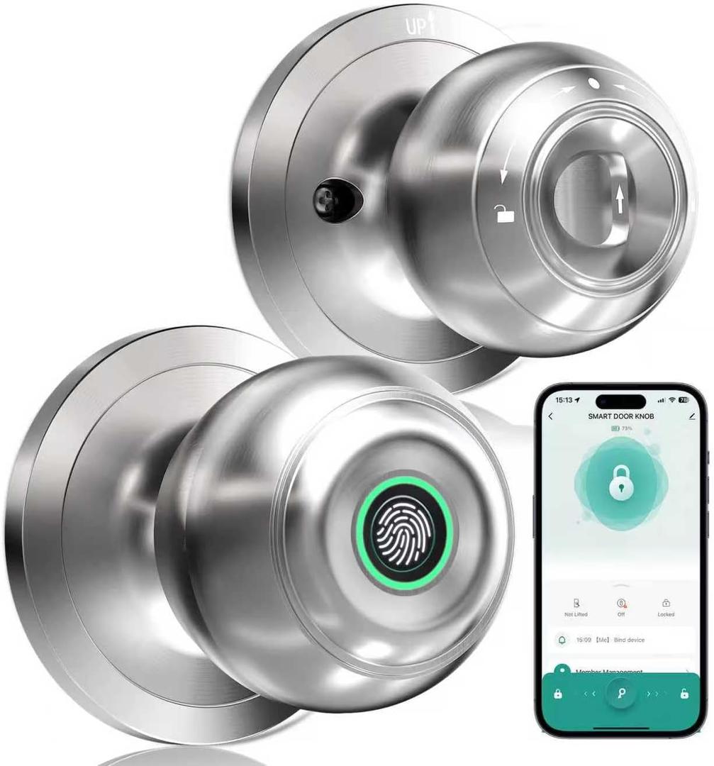 KLLOQUE Smart Fingerprint Door Knob with Lock, Biometric Door knob with App Control