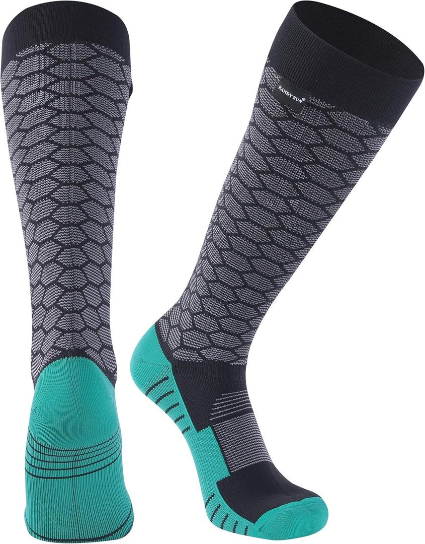 Randy Sun Waterproof Breathable Long Socks, Womens Fall Winter Warm Soft Moisture Wicking Cycling Running Trekking Hiking Camping Knee Length Sports Socks, 1 Pair-Black Green-Knee High, Small