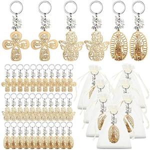 Hicarer 30 Pcs Baptism Key Ring Bautizo Recuerdos De Bautizo Para Cross Wooden Keychain with Organza Gift Bags Baptism Favor (White Pearls) 30 Pcs