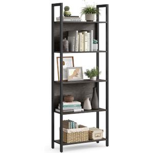 VASAGLE 5-Tier Bookshelf, Book Shelf, Industrial Bookcase, with Steel Frame, for Living Room, Home Office, Bedroom, 9.4 x 24.4 x 65 Inches, Charcoal Gray and Black ULLS025B04, 24.4W x 65H