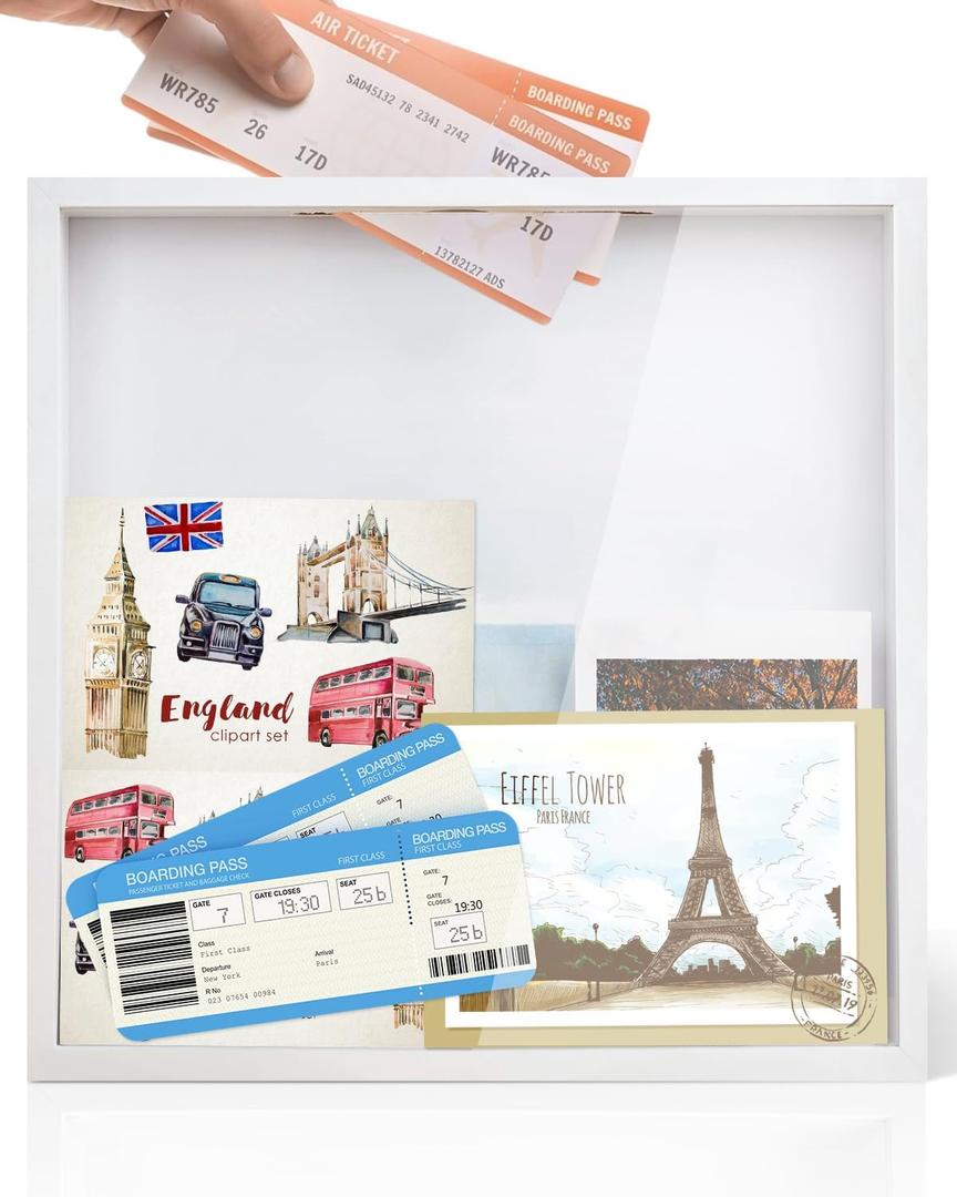 Adventure Archive Box, 12 x 12 Inch Travel Box for Memories, Travel Shadow Box Frame with Slot, Adventure Box, Keepsake Display Case, Perfect for Travel Memento Display Case Travel Decor Gift (White)
