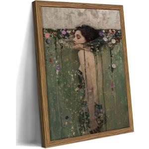 Vintage Woman Wall Art, Dark Academia Woman in Water Canvas Wall Decor Painting, Victorian Goth Floral Artwork Prints Pictures for Living Room Bedroom 16x24 Inch Wood Framed