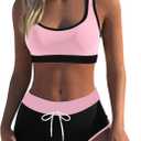 Womens Sport Two Piece Swimsuits Racerback Tops Boyshort Bottom (Small, Pink&rose)