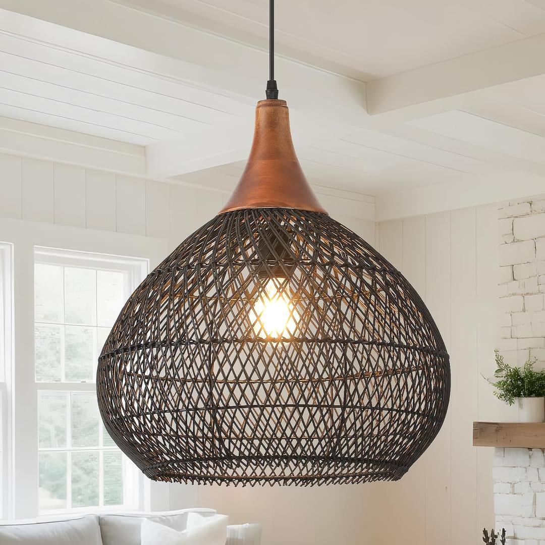 Black Rattan Pendant Light, 15.7" Rattan Chandelier Hand-Woven Wicker Pendant Light Fixtures with Solid Wood, Basket Hanging Lighting for Dining Room Kitchen Island Living Room, D 16", Large
