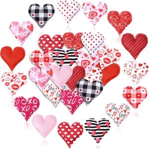 Oudain 15 Pcs 5 Inch Valentines Stuffed Fabric Hearts Tiered Tray Decor Valentine's Day Decor Buffalo Plaid Heart Shaped Hanging Ornaments for Wedding Party Farmhouse Crafts (Regular)