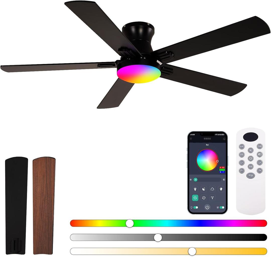Ceiling Fans with Lights 52 inch,Flush Mount Low Profile,Smart Remote & App,RGB LED,Dimmable 3CCT,6-Speed Reversible,Sleek Ceiling Fan for Bedroom Living Room Apartment Nursery,Black