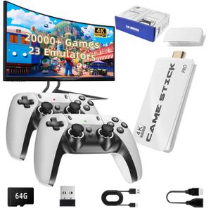 2025 Upgrade Retro Game Console Stick Pro, Classic Video Games with 4K HDMI, Built-in 23 Emulators, 20000+ Games - Plug & Play TV Video Gaming Stick with Upgrade Dual 2.4G Wireless Controllers(64GB) (White)
