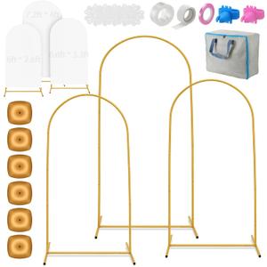 3pack Gold Metal Arch Backdrop Stand and Cover Set, 6ft 6.6ft 7.2ft Reusable Wedding Arch Back Drop Stand with White Cover, Water Weight, Bag for Birthday Party Baby Shower, Ceremony Bridal Decor