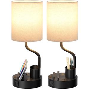 Bedside Table Lamps for Bedroom Set of 2 - Nightstand Light with AC Outlet and USB A & C for Charging, 3 Color Temperatures Desk Lamp with Pen Holder & Phone Stand for Living Room/Dorm/Office (Beige)