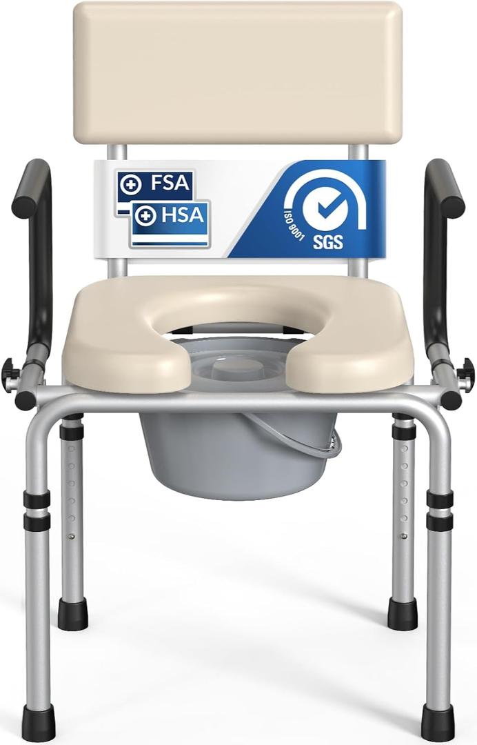 Drop Arm Bedside Commode, Commode Toilet with Padded Seat and Backrest, 400lbs Capacity, 6.3QT Removable Bucket and Splash Guard, Adjustable Height Portable Toilet for Adults, Beige