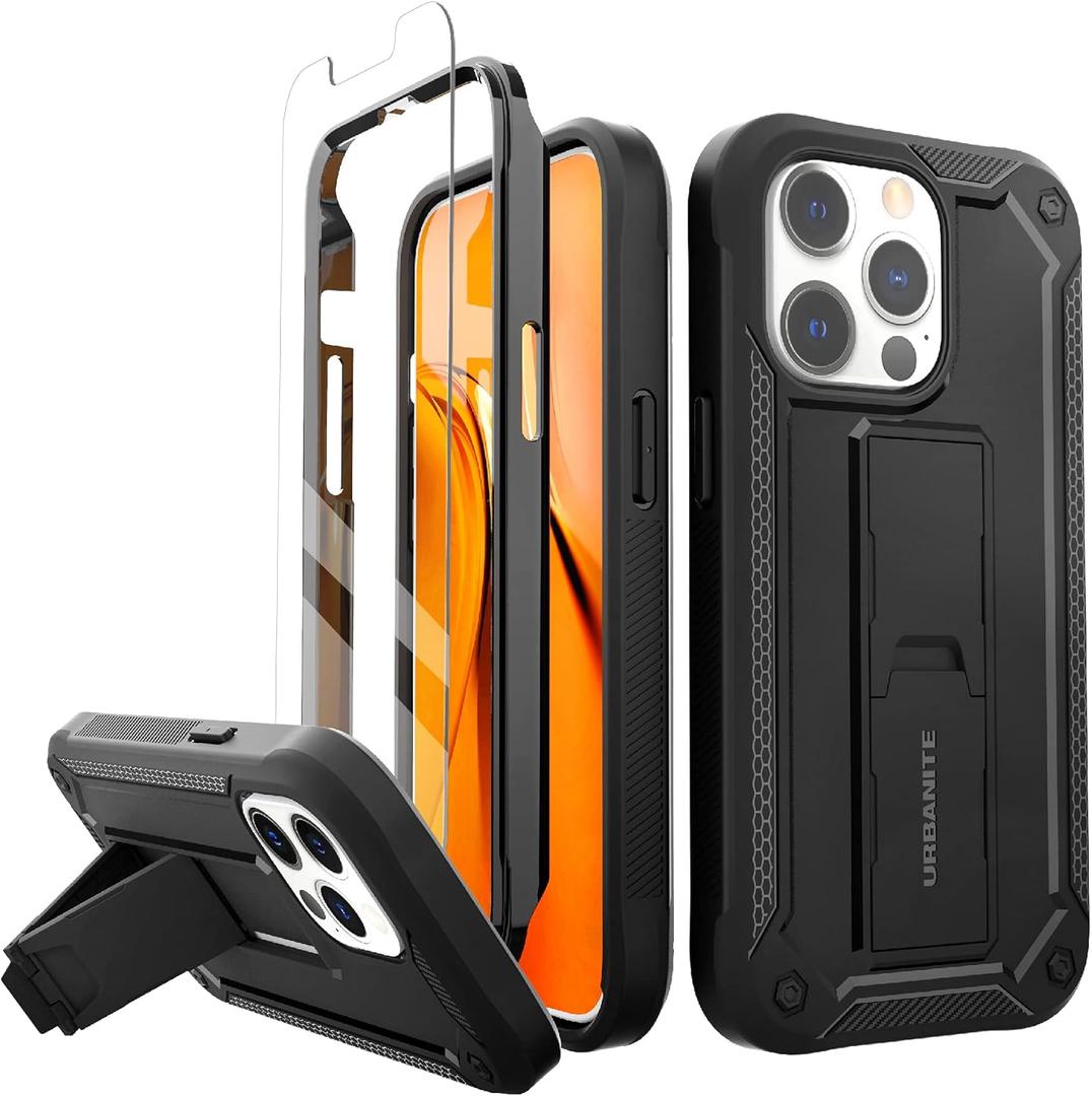 URBANITE for iPhone 13 Pro Case, Military Grade Rugged Shockproof Protective Cover with Screen Protector and Kickstand (Black)