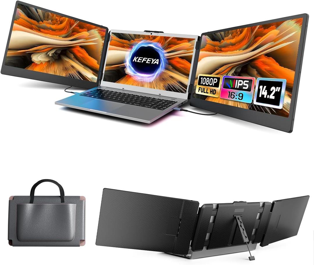 KEFEYA Laptop Screen Extender, 14.2" Portable Triple Monitor for Laptop with Full HD IPS Display, Monitor Extender Compatible with Mac, Windows, Chrome, Fits 13-17 Inch Laptops