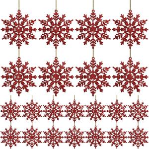 48 Pcs Burgundy Glitter Snowflake Ornaments Winter Tree Hanging Plastic Glitter Snowflake Ornaments Decorations for Xmas Winter Home Garland Holiday Decoration
