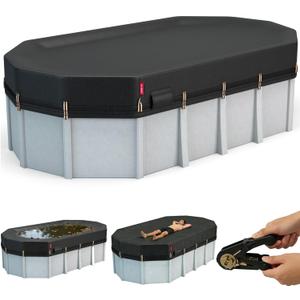 QH.HOME 18x33Ft Oval Pool Cover for Steel Wall Pool,[2026 Super Windproof with Patented Tightening Device&Simple to Install],Solar Pool Cover for Above Ground Pools,Snug Fit,Blocks Leaves,Sun&Water
