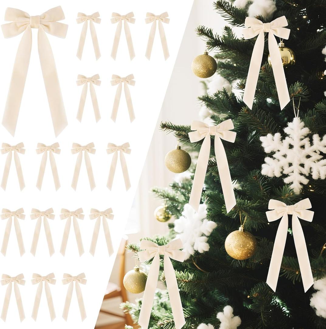 Senjie 16Pcs Velvet Ribbon Bows for Christmas Tree, Vintage Rustic Small Craft Bows Ornaments for Garland Wreath Gift Wrapping Candy Bags Party DIY Decorations (Beige, 5" x 10", Width of 1")