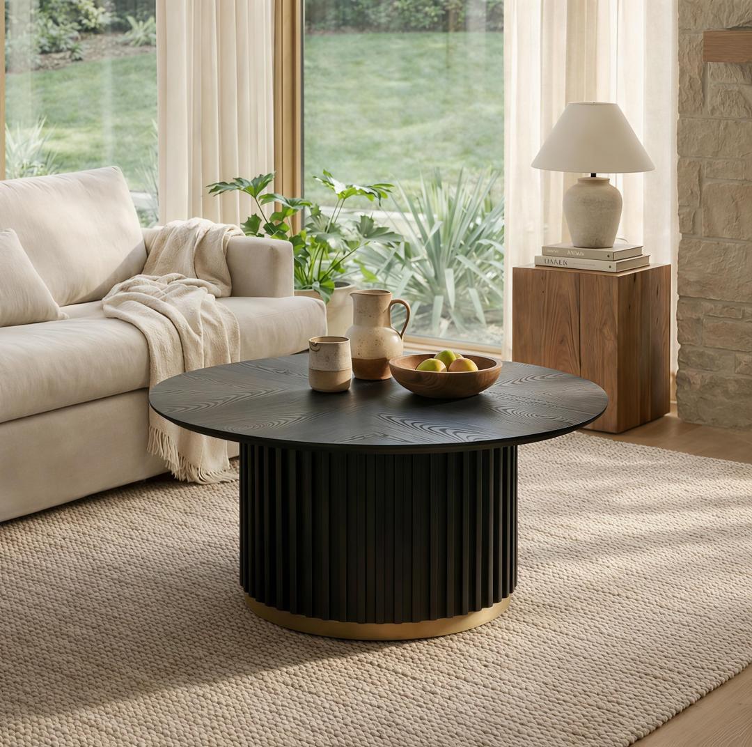 Christopher Knight Home Modern Round Coffee Table 33.46" Fluted Pedestal Base Sculptural Accent Table with Ash Veneer Top and Gold Metal Detail for Living Room Lounge and Minimalist Interiors, White