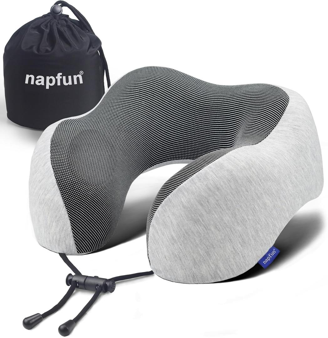 Napfun Neck Pillow for Traveling, Upgraded Travel Neck Pillow for Airplane 100% Pure Memory Foam Travel Pillow for Flight Headrest Sleep, Portable Plane Accessories, Light Grey