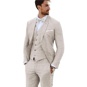 Linen Suit 3 Pieces Vintage Retro Wedding Prom Suits Slim Fit Jacket Blazer Groom Tuxedos (Beige)