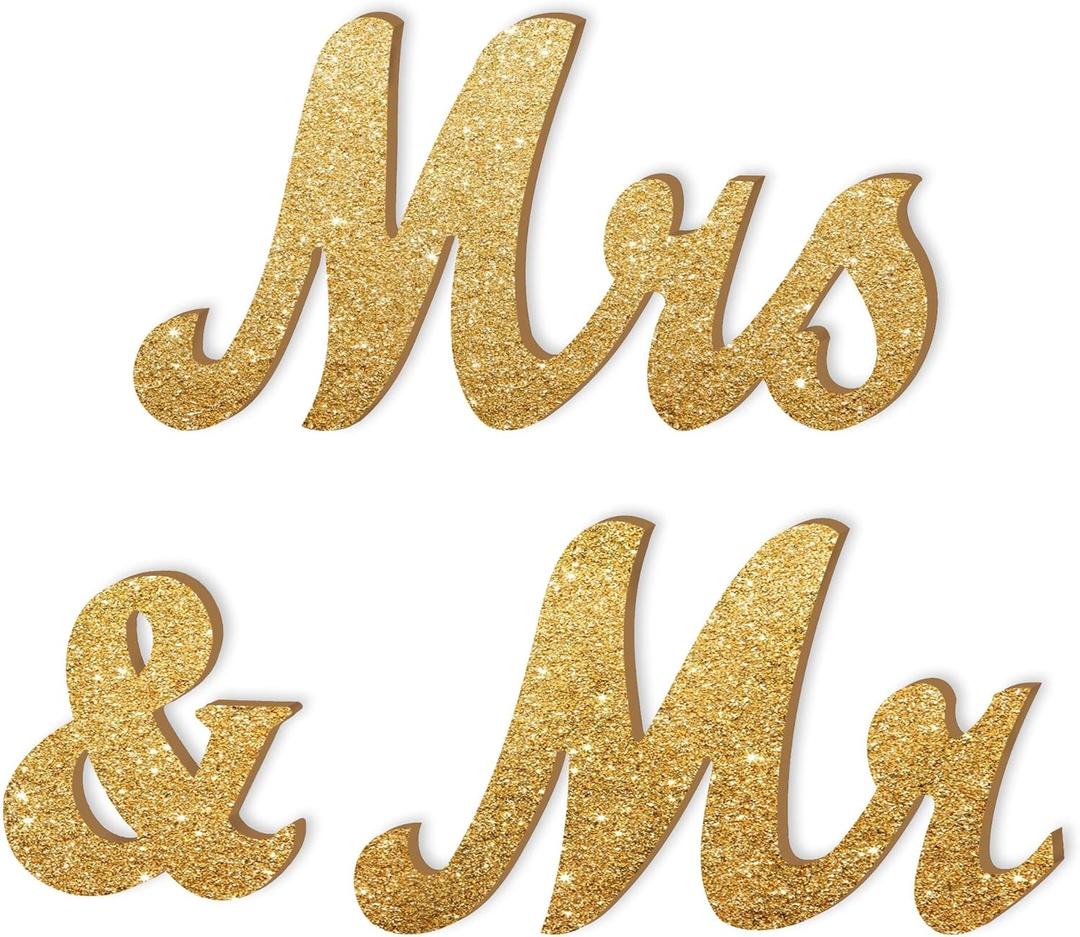 Mr and Mrs Tabletop Wedding Decoration - Wooden Freestanding Letters for Photo Props - Golden Glitter Decor Gift for Bridal Shower Anniversary Party