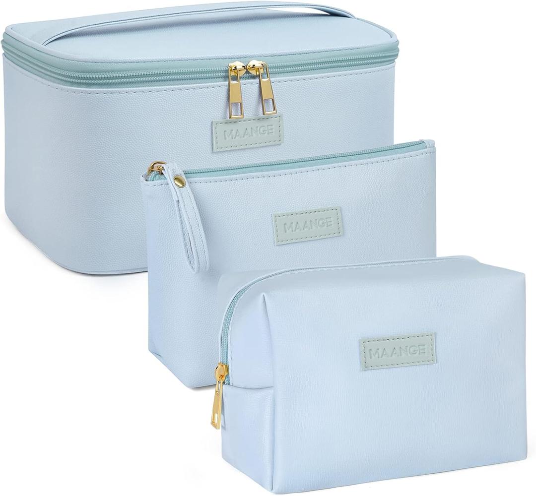MAANGE Makeup Bag Large Cosmetic Bag with 2pcs Small Makeup Bags Portable Leather Travel Makeup Bag Set Toiletry Bag Make Up Bags for Women and Girls (Blue)