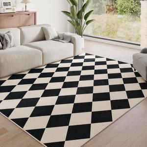 8x10 Washable Checkered Rugs for Bedroom, Black and Beige Area Rug for Living Room, Geometric Faux Wool Carpet for Kids, Girls, Boys Playroom, Dorm, Nursery, Dining Room, Kitchen, Non Slip