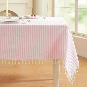 meioro Striped Square Tablecloth, Cotton Blend Fabric Pink Table Cloth with Tassel, Washable Wrinkle Free Table Cover Cute Small Tablecloths for Mahjong Card Coffee Tables and Outdoor - 36 x 36 Inch