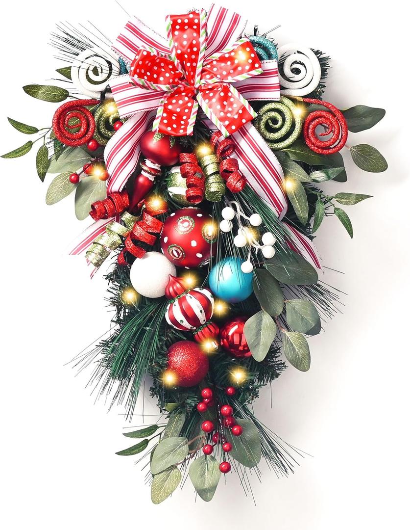 Valery Madelyn Pre-Lit Christmas Teardrop Swag for Decorating Outdoor, 24 Inch Elf Red Green Mailbox Swag Decoration with 20 LED Lights, Ball Ornaments for Front Door Stairway Window Shelf Xmas Decor