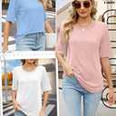 Huukeay 3 Pcs Womens Half Sleeve Top Elbow Length T Shirt Women Round Neck Basic T Shirt Summer Casual Blouses(Large,Coral Pink, Sky Blue, White)
