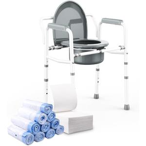 3 in 1 Bedside Commode with Arms 350 lbs + 50 Pack Commode Liners with Super Absorbent Pads, Adults Commode Chair 6QT Bucket with Lid Included, Easy Cleaning, Tool-Free Assembly