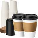 12 oz 50 Pack Coffee Cups with Lids and Sleeves, Hot Paper Coffee Cups with Lids, Disposable To Go Cup with Lid for Coffee, Tea, Hot Chocolate, Ideal for Cafes, Offices and Travel