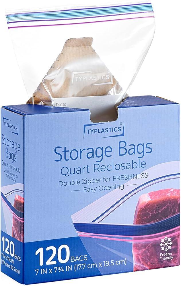 TYPLASTICS Quart Food Storage Zip Bags, 120 Count, Double Zipper, Easy Open Design, Reclosable