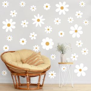 TaoBary 12 Sheet Daisy Wall Sticker Decal Removable Cute Daisy Bedroom Room Decor Flower Wall Sticker Pink White Flower Decal Wallpaper Peel and Stick for Nursery Home(White, Yellow,Classic Style)