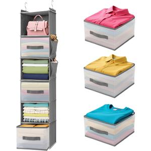 6-Tier Hanging Closet Organizer with Drawers and Side Pockets Versatile Closet Storage for Shoes, Hats, Belts, and Purses, 12x12x42