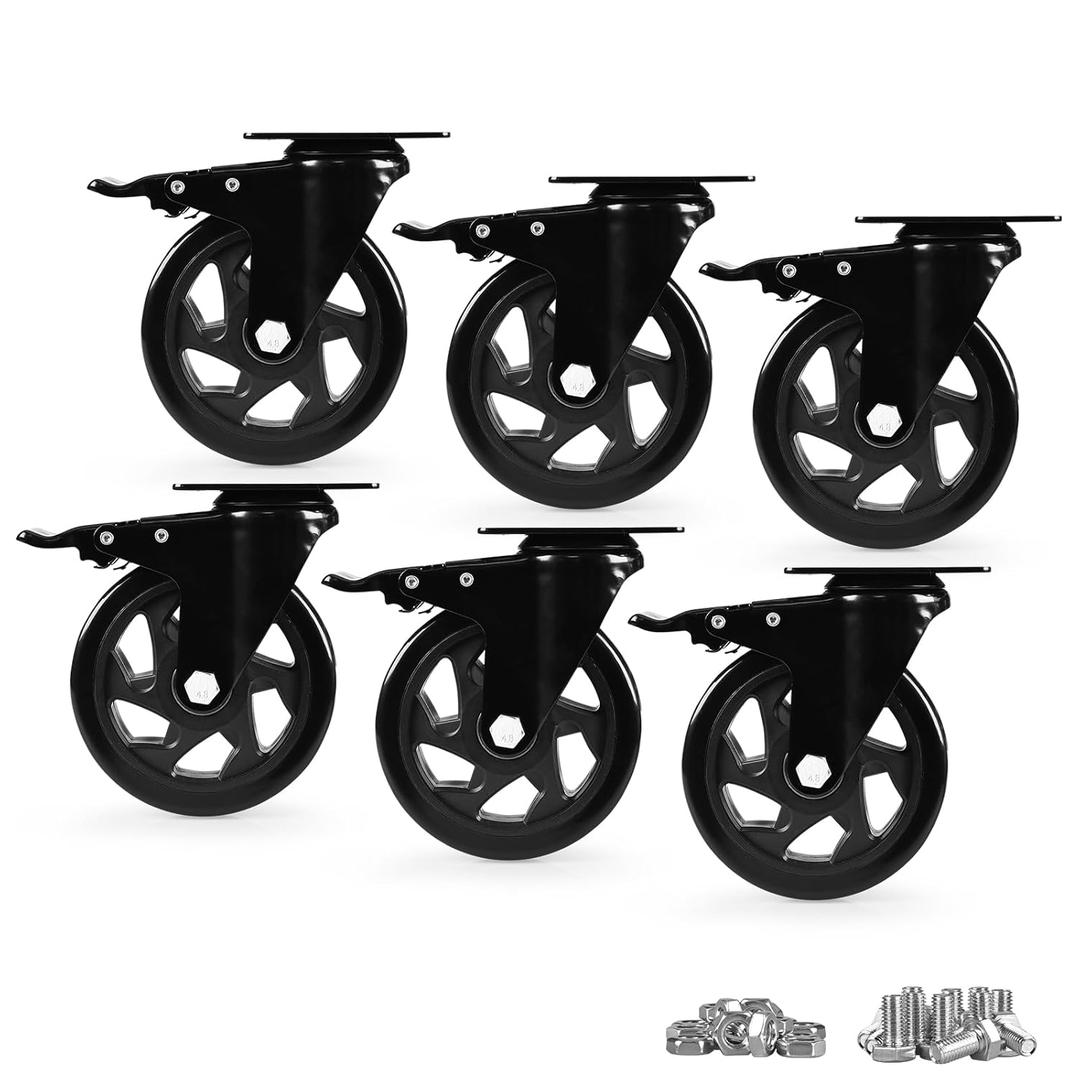 Caster Wheels, Heavy Duty 5 Inch Casters Set of 6, Locking Swivel Casters Wheels for Cart, Furniture and Workbench, Black