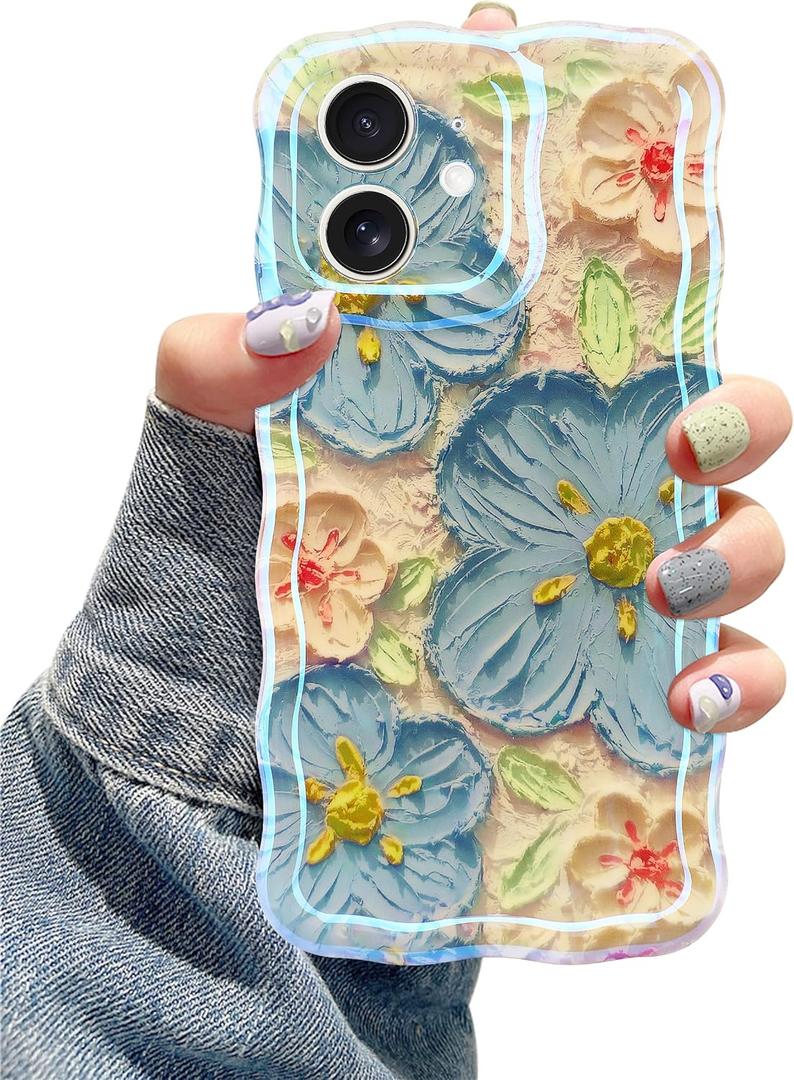 Jusy Compatible with iPhone 11, Colorful Retro Oil Painting Printed Flower Laser Glossy Pattern Cute Curly Wave Phone Case Soft TPU Cover for Girly Women - Blue