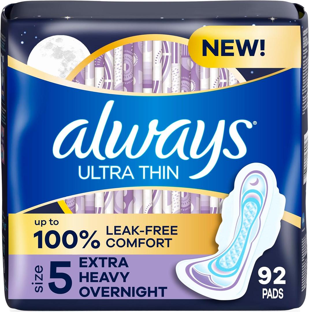 Always Ultra Thin Overnight Pads, Size 5, Extra Heavy Overnight, Unscented, 92 Count (2 Packs of 46)