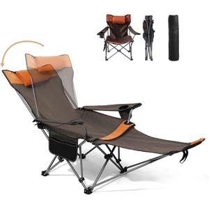 Reclining Camping Chair with Removable Footrest, Adjustable Camping Lounge Beach Chair with Padded Headrest, Cup Holder & Carry Bag, Camp Chair with Foot Rest Lawn Chair for Outdoor Patio, Orange