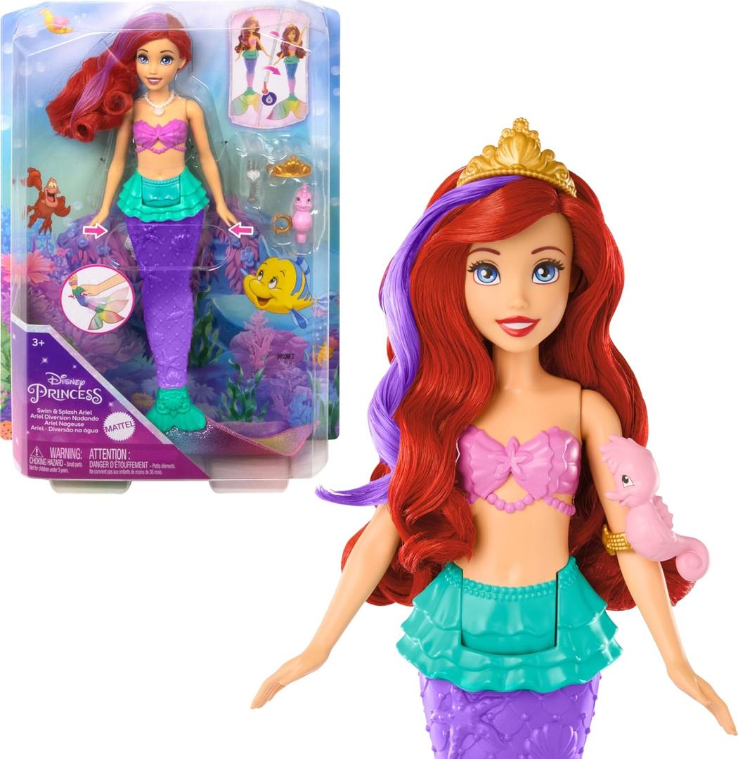 Mattel Disney Princess Toys, Ariel Swimming Mermaid Doll with Color-Change Hair and Tail, Water Toy Inspired by the Mattel Disney Movie